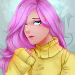 Size: 3000x3000 | Tagged: artist:monochromacat, clothes, derpibooru import, fluttershy, human, humanized, looking at you, safe, solo, sweater, sweatershy