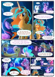 Size: 3500x4950 | Tagged: safe, artist:light262, artist:lummh, derpibooru import, applejack, discord, fluttershy, pinkie pie, rainbow dash, rarity, twilight sparkle, twilight sparkle (alicorn), oc, oc:princess tempora, alicorn, draconequus, earth pony, pegasus, pony, unicorn, comic:timey wimey, alicorn oc, cavern, comic, dialogue, female, fourth wall, male, mane six, open mouth, raised hoof, speech bubble