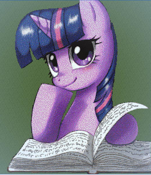 Size: 734x849 | Tagged: safe, artist:askaniz, artist:johnjoseco, derpibooru import, twilight sparkle, pony, book, crossover, dithering, female, minecraft, needs more dither, solo