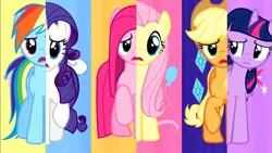 Size: 1280x720 | Tagged: safe, derpibooru import, screencap, applejack, fluttershy, pinkie pie, rainbow dash, rarity, twilight sparkle, earth pony, pegasus, pony, unicorn, magical mystery cure, cutie mark swap, female, mane six, mare, pinkamena diane pie, unicorn twilight, what my cutie mark is telling me