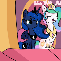 Size: 1650x1650 | Tagged: safe, artist:tjpones, derpibooru import, editor:seiken, princess celestia, princess luna, alicorn, pony, :p, animated, blah blah blah, duo, eyes closed, female, gif, looking at you, mare, one eye closed, perfect loop, silluna, silly, silly pony, sisters, sitting, throne, tongue out, trolluna, wink