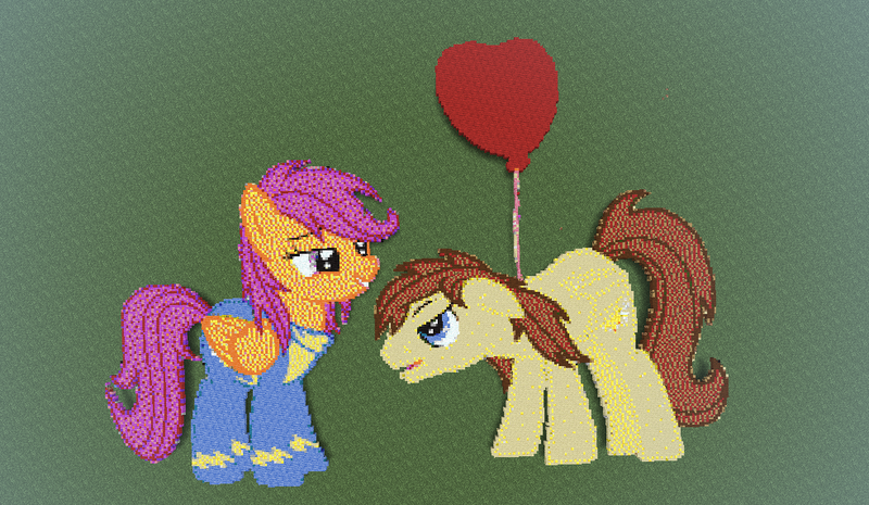 Size: 983x571 | Tagged: artist:askaniz, balloon, clothes, crossover, derpibooru import, minecraft, minecraft pixel art, oc, oc:veggie55, oc:vento, older, older scootaloo, pixel art, safe, scootaloo, uniform, wonderbolts uniform