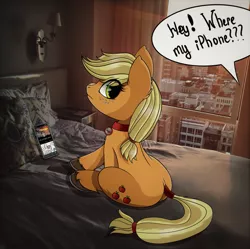 Size: 1782x1778 | Tagged: safe, artist:shadowreindeer, derpibooru import, edit, applejack, pony, bed, city, collar, cute, cutie mark, dock, female, freckles, iphone, irl, looking at you, offscreen character, pet, pet tag, photo, ponies in real life, pony pet, sitting, solo, stealth pun, tail wrap, tumblr