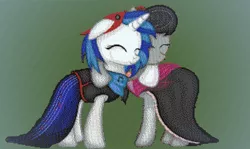 Size: 1167x696 | Tagged: safe, artist:askaniz, artist:zonra, derpibooru import, octavia melody, vinyl scratch, earth pony, pony, unicorn, clothes, crossover, eyes closed, female, floppy ears, lesbian, mare, minecraft, minecraft pixel art, pixel art, scratchtavia, shipping, smiling