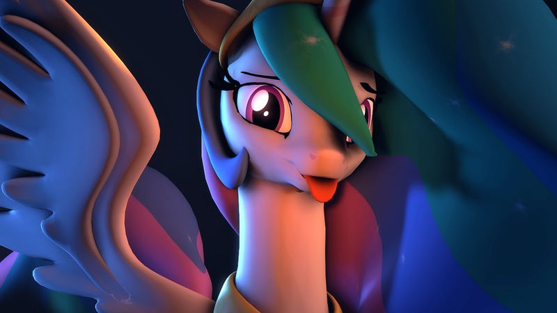 Size: 3840x2160 | Tagged: safe, artist:flushthebatsanta, derpibooru import, princess celestia, alicorn, pony, 3d, cute, cutelestia, female, looking at you, mare, sillestia, silly, silly pony, solo, source filmmaker, tongue out