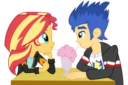 Size: 6000x4000 | Tagged: safe, artist:spottedlions, derpibooru import, flash sentry, sunset shimmer, equestria girls, absurd resolution, clothes, commission, drinking, female, flashimmer, jacket, leather jacket, looking at each other, male, milkshake, shipping, simple background, smiling, straight, straw, table