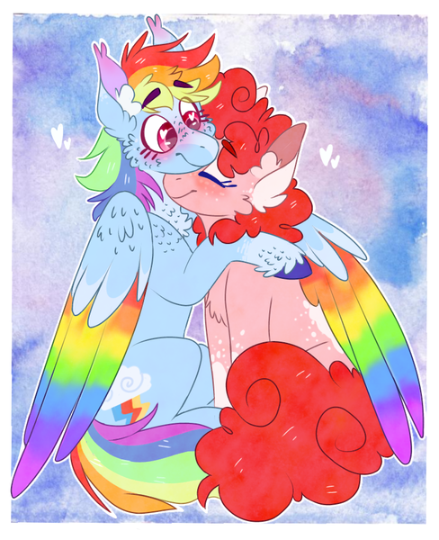 Size: 768x945 | Tagged: safe, artist:wanderingpegasus, derpibooru import, pinkie pie, rainbow dash, earth pony, pegasus, pony, blushing, cheek fluff, chest fluff, colored hooves, colored wings, colored wingtips, duo, ear fluff, eyes closed, female, heart, heart eyes, hug, lesbian, mare, multicolored wings, pinkiedash, rainbow wings, shipping, sitting, smiling, snuggling, unshorn fetlocks, wing fluff, wingding eyes, winghug