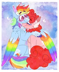 Size: 768x945 | Tagged: safe, artist:wanderingpegasus, derpibooru import, pinkie pie, rainbow dash, earth pony, pegasus, pony, blushing, cheek fluff, chest fluff, colored hooves, colored wings, colored wingtips, duo, ear fluff, eyes closed, female, heart, heart eyes, hug, lesbian, mare, multicolored wings, pinkiedash, rainbow wings, shipping, sitting, smiling, snuggling, unshorn fetlocks, wing fluff, wingding eyes, winghug