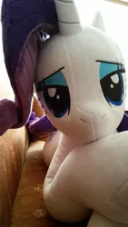 Size: 643x1143 | Tagged: safe, artist:rosamariposacrafts, derpibooru import, rarity, pony, irl, life size, looking at you, photo, plushie, solo