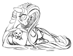 Size: 1100x850 | Tagged: safe, artist:noctomaeus, derpibooru import, angel bunny, fluttershy, pegasus, pony, rabbit, bashful, female, floppy ears, grayscale, looking at you, lying down, mare, monochrome, signature, sketch, solo, unamused, unshorn fetlocks