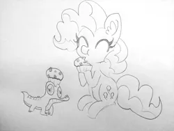 Size: 1920x1440 | Tagged: safe, artist:tjpones, derpibooru import, gummy, pinkie pie, alligator, earth pony, pony, black and white, cupcake, duo, eating, eyes closed, female, food, grayscale, lineart, mare, monochrome, sitting, traditional art