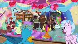 Size: 1280x720 | Tagged: safe, derpibooru import, screencap, gallus, ocellus, pinkie pie, sandbar, silverstream, smolder, yona, classical hippogriff, gryphon, hippogriff, yak, school daze, friendship always wins, school of friendship, singing, smiling, student six