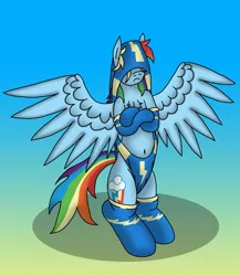 Size: 3500x4032 | Tagged: suggestive, artist:tacomytaco, derpibooru import, rainbow dash, pegasus, pony, abuse, annoyed, atomic wedgie, belly button, blue underwear, chest fluff, clothes, crossed arms, dashabuse, female, gradient background, panties, socks, solo, spread wings, underwear, wedgie, wings, wonderbolt underwear