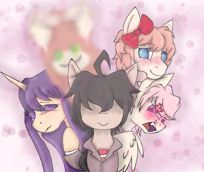 Size: 1424x1202 | Tagged: safe, artist:crummy-pheonix, derpibooru import, ponified, earth pony, pegasus, pony, unicorn, spoiler:doki doki literature club, ahoge, angry, blurry, blushing, bow, clothes, creepy, creepy smile, doki doki literature club, error, female, glitch, hair bow, hair over eyes, male, mare, mc (ddlc), monika, natsuki, no pupils, sayori, school uniform, smiling, spoilers for another series, stallion, yuri (ddlc)