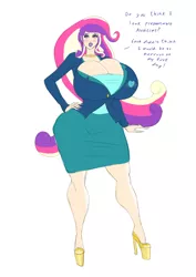 Size: 2480x3507 | Tagged: suggestive, artist:annon, derpibooru import, princess cadance, human, equestria girls, big breasts, bimbo, bimbo 1.0, bimbo cadance, blushing, breasts, busty princess cadance, cleavage, clothes, crystal heart, dean cadance, dialogue, ear piercing, eyeliner, eyeshadow, female, fetish, heart, high heels, huge breasts, huge butt, humanized, impossibly large breasts, impossibly large butt, jewelry, large butt, lipstick, long hair, makeup, multicolored hair, piercing, purple lipstick, shoes, simple background, skirt, solo, solo female, sweat, thunder thighs, white background, wide hips