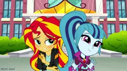 Size: 1920x1080 | Tagged: safe, artist:mytri-atari, derpibooru import, sonata dusk, sunset shimmer, equestria girls, friendship games, blushing, bracelet, clothes, female, gem, jacket, jewelry, lesbian, necklace, shipping, siren gem, sunata