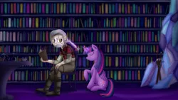Size: 1920x1080 | Tagged: alchemy, alicorn, artist:taggerung, book, bookshelf, braiding, chair, derpibooru import, geralt of rivia, human, human in equestria, human male, library, male, safe, sword, the witcher, twilight sparkle, twilight sparkle (alicorn), weapon