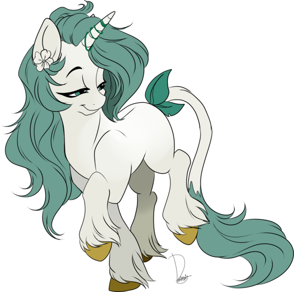 Size: 2193x2177 | Tagged: safe, artist:dormin-kanna, derpibooru import, oc, unofficial characters only, classical unicorn, pony, unicorn, female, flower, flower in hair, leonine tail, mare, simple background, smiling, transparent background, unshorn fetlocks