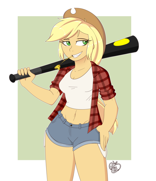 Size: 1900x2200 | Tagged: applejack, artist:notenoughapples, baseball bat, belly button, clothes, cowboy hat, derpibooru import, hat, human, humanized, midriff, plaid shirt, safe, shorts, smiling, stetson, tanktop