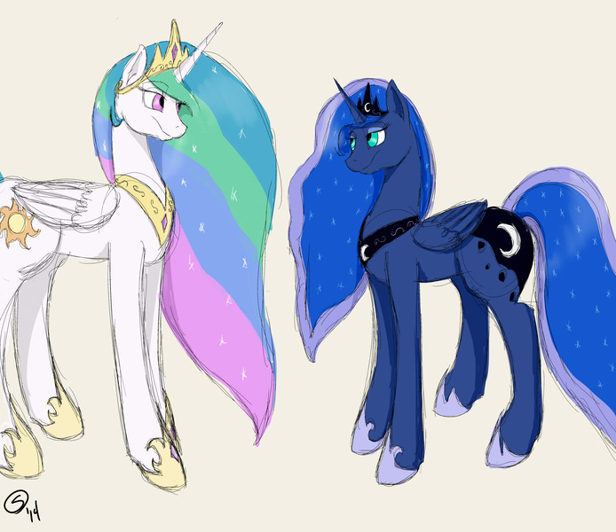 Size: 6000x5187 | Tagged: safe, artist:sydfreak2, derpibooru import, princess celestia, princess luna, alicorn, pony, absurd resolution, cutie mark, duo, ethereal mane, female, jewelry, looking at each other, mare, regalia, siblings, simple background, sisters, smiling, starry mane, white background