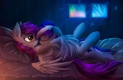 Size: 1943x1261 | Tagged: safe, artist:atlas-66, derpibooru import, oc, oc:herpy, oc:swirple, unofficial characters only, pegasus, pony, bed, couple, cuddling, female, male, night, scp, shipping, sleeping, snuggling, straight