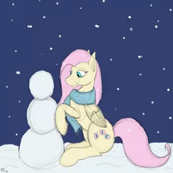 Size: 800x800 | Tagged: safe, artist:sydfreak2, derpibooru import, fluttershy, pegasus, pony, clothes, cutie mark, female, mare, night, scarf, smiling, snow, snowman, solo