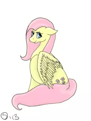 Size: 500x667 | Tagged: safe, artist:sydfreak2, derpibooru import, fluttershy, pegasus, pony, female, looking at you, mare, one wing out, simple background, solo, white background