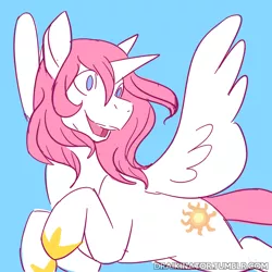Size: 800x800 | Tagged: safe, artist:draikinator, derpibooru import, princess celestia, alicorn, pony, alternate hairstyle, blue background, cutie mark, female, flying, happy, mare, missing accessory, open mouth, pink-mane celestia, simple background, solo, spread wings, wings, wrong eye color, younger