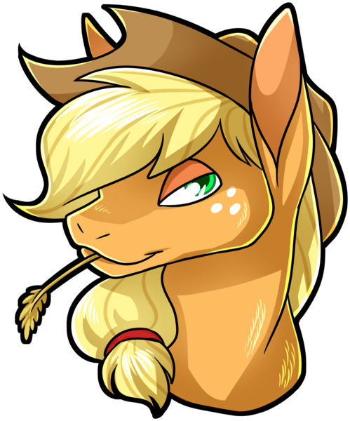 Size: 2963x3566 | Tagged: safe, artist:draikinator, derpibooru import, applejack, pony, bust, female, food, freckles, hair tie, hat, lidded eyes, looking at you, mare, simple background, solo, straw in mouth, transparent background, wheat