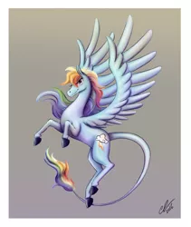 Size: 3008x3558 | Tagged: safe, artist:lalindaaa, derpibooru import, rainbow dash, pegasus, pony, cutie mark, female, flying, gradient background, leonine tail, looking at you, mare, realistic horse legs, smiling, smirk, solo, spread wings, wings