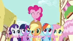 Size: 1280x720 | Tagged: safe, derpibooru import, screencap, applejack, fluttershy, pinkie pie, rainbow dash, rarity, twilight sparkle, pony, a friend in deed, cutie mark, karaoke, mane six, sing along, smile song, text