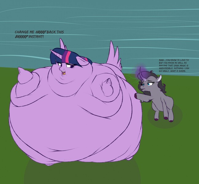 Size: 1280x1183 | Tagged: safe, artist:astr0zone, derpibooru import, oleander (tfh), twilight sparkle, twilight sparkle (alicorn), alicorn, unicorn, them's fightin' herds, belly, bingo wings, burp, community related, dark magic, duo, fat, glowing horn, huge belly, impossibly large belly, inflating, inflation, large belly, magic, neck roll, permanent