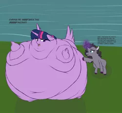 Size: 1280x1183 | Tagged: safe, artist:astr0zone, derpibooru import, oleander (tfh), twilight sparkle, twilight sparkle (alicorn), alicorn, unicorn, them's fightin' herds, belly, bingo wings, burp, community related, dark magic, duo, fat, glowing horn, huge belly, impossibly large belly, inflating, inflation, large belly, magic, neck roll, permanent