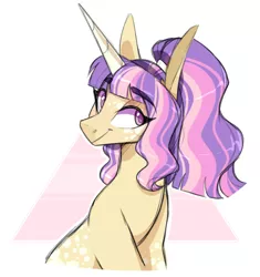 Size: 700x744 | Tagged: safe, artist:sararini, derpibooru import, oc, oc:moon, unofficial characters only, pony, unicorn, abstract background, big ears, dappled, female, gift art, hair tie, long horn, mare, ponytail, smiling, solo