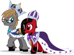 Size: 1024x760 | Tagged: safe, artist:mlp-trailgrazer, derpibooru import, oc, oc:crimson glow, oc:the editor, unofficial characters only, earth pony, pony, clothes, crown, female, jewelry, male, mare, regalia, robe, simple background, stallion, theglow, transparent background