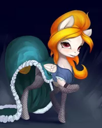 Size: 2500x3118 | Tagged: safe, artist:oneofyouare, derpibooru import, oc, oc:storm shield, unofficial characters only, pegasus, pony, blushing, clothes, dress, female, fishnets, looking at you, mare, raised hoof, simple background, solo