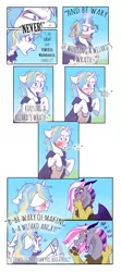 Size: 1024x2304 | Tagged: safe, artist:loryska, derpibooru import, oc, oc:moondancer, oc:pandora, draconequus, hybrid, unicorn, pandoraverse, blushing, cloak, clothes, comic, female, interspecies offspring, laughing, magic, male, next generation, offspring, parent:discord, parent:prince blueblood, parent:trixie, parent:twilight sparkle, parents:bluetrix, parents:discolight, stallion