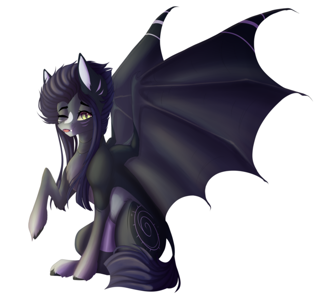 Size: 5000x4500 | Tagged: safe, artist:crazllana, derpibooru import, oc, oc:kama, bat pony, absurd resolution, female, mare, one eye closed, simple background, sitting, solo, tongue out, transparent background, wink