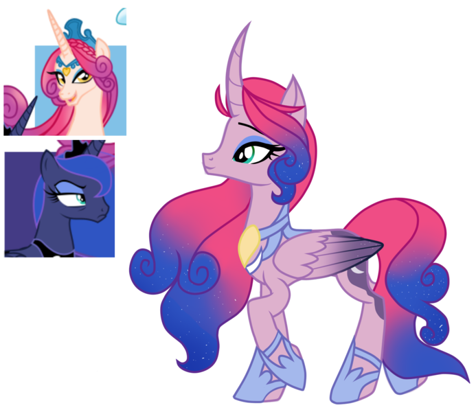 Size: 1431x1239 | Tagged: safe, artist:xxmissteaxx, derpibooru import, princess amore, princess luna, oc, alicorn, pony, curved horn, female, magical lesbian spawn, mare, offspring, parent:princess amore, parent:princess luna, simple background, transparent background