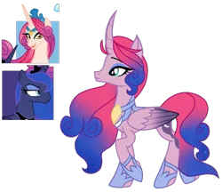 Size: 1431x1239 | Tagged: safe, artist:xxmissteaxx, derpibooru import, princess amore, princess luna, oc, alicorn, pony, curved horn, female, magical lesbian spawn, mare, offspring, parent:princess amore, parent:princess luna, simple background, transparent background