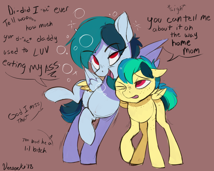 Size: 2000x1600 | Tagged: suggestive, artist:veesocks, derpibooru import, oc, oc:apogee, oc:delta vee, unofficial characters only, pegasus, pony, dialogue, drunk, drunker vee, female, freckles, implied analingus, leaning, mare, mother and daughter, simple background, too much information, vulgar