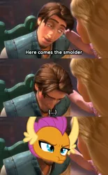 Size: 480x774 | Tagged: derpibooru import, disney, flynn rider, here comes the smolder, image macro, meme, pun, rapunzel, safe, school daze, smolder, tangled (disney), visual pun