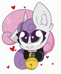 Size: 2761x3353 | Tagged: safe, artist:kittyrosie, derpibooru import, sweetie belle, pony, unicorn, bell, bell collar, blush sticker, blushing, cat bell, collar, female, filly, heart eyes, looking at you, simple background, solo, white background, wingding eyes