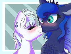 Size: 1024x783 | Tagged: safe, artist:leviostars, derpibooru import, double diamond, princess luna, pony, abstract background, blushing, chest fluff, crack shipping, doubluna, ear piercing, earring, eyes closed, female, jewelry, male, missing accessory, nuzzling, piercing, shipping, smiling, straight, tiara