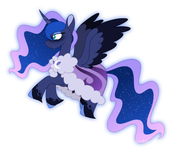 Size: 1600x1404 | Tagged: safe, artist:leviostars, derpibooru import, princess luna, alicorn, pony, cloak, clothes, colored wings, ethereal mane, female, flying, mare, missing accessory, simple background, solo, spread wings, starry mane, transparent background, unshorn fetlocks, wings