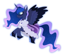 Size: 1600x1404 | Tagged: safe, artist:leviostars, derpibooru import, princess luna, alicorn, pony, cloak, clothes, colored wings, ethereal mane, female, flying, mare, missing accessory, simple background, solo, spread wings, starry mane, transparent background, unshorn fetlocks, wings