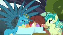 Size: 1280x720 | Tagged: safe, derpibooru import, screencap, gallus, ocellus, sandbar, smolder, yona, changedling, changeling, dragon, earth pony, gryphon, pony, yak, school daze, animated, cart, comfy, cupcake, cute, diaocelles, eating, everfree forest, eyes closed, flying, food, grin, on back, open mouth, pillow, pillow fight, resting, smiling, sound, talking, webm