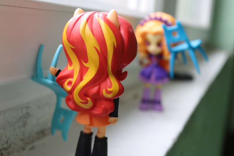 Size: 6000x4000 | Tagged: safe, artist:artofmagicpoland, derpibooru import, adagio dazzle, sunset shimmer, equestria girls, chair, doll, equestria girls minis, eqventures of the minis, fight, holding, satire, toy, welcome to the show