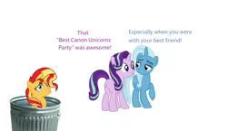 Size: 1616x940 | Tagged: safe, derpibooru import, starlight glimmer, sunset shimmer, trixie, pony, unicorn, abuse, downvote bait, female, mare, sad, shimmerbuse, simple background, sunset shimmer's trash can, trash can, white background