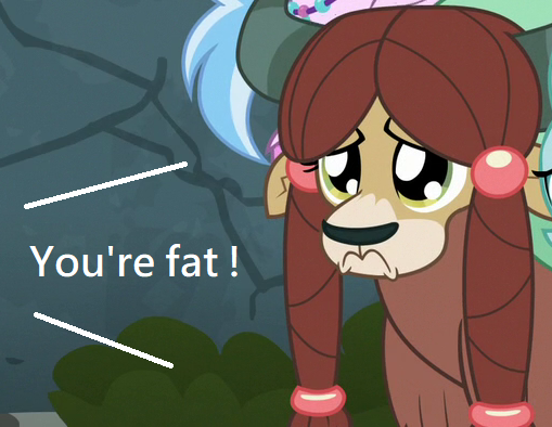 Size: 509x394 | Tagged: abuse, background pony strikes again, derpibooru import, downvote bait, edit, edited screencap, fat shaming, frown, sad, safe, school daze, screencap, yak, yona, yonabuse